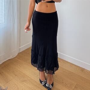 Italian Vintage black wool-appliqué flounce midi skirt (S)